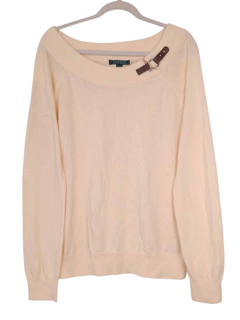 Lauren Ralph Lauren buckle boat neck sweater equestrian old money preppy cream